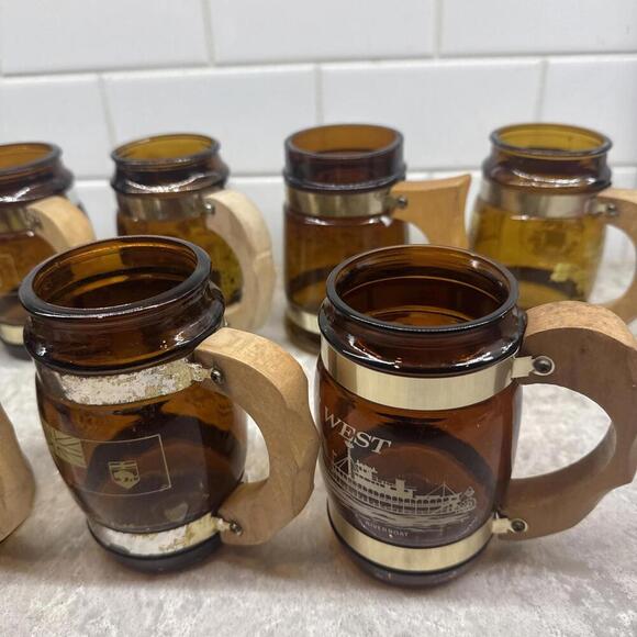 Lot of 9 Vintage Siesta Ware Souvenier Brown Barrel Glass Mugs w Wood Handles - Picture 10 of 13